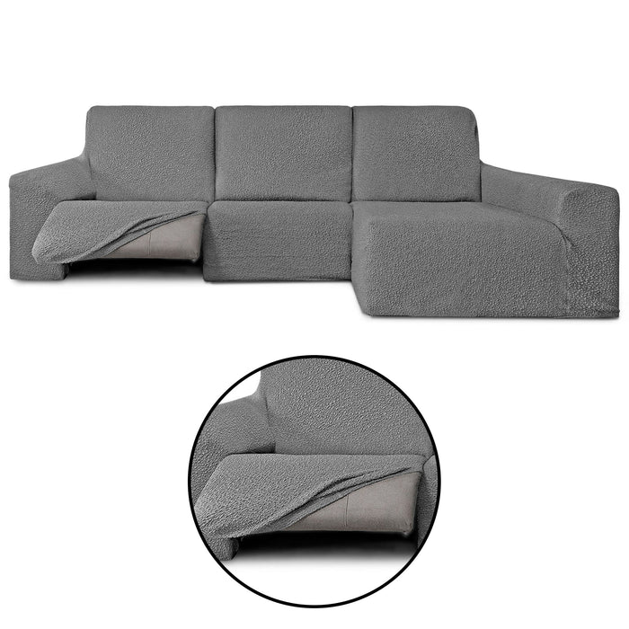 Funda Sofá para Chaise Longue Derecha Brazo Largo Relax Reclinable Bielástica Roc Gris Claro detalles sin fondo - Eiffel Textile