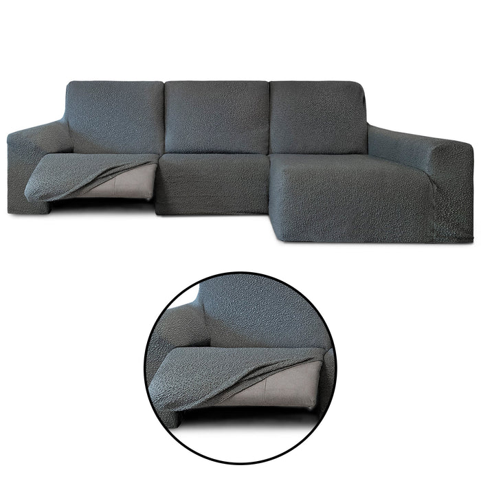 Funda Sofá para Chaise Longue Derecha Brazo Largo Relax Reclinable Bielástica Roc Gris Oscuro detalles sin fondo - Eiffel Textile