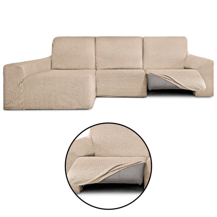 Funda Sofá para Chaise Longue Izquierda Brazo Largo Relax Reclinable Bielástica Roc Beige detalles sin fondo - Eiffel Textile