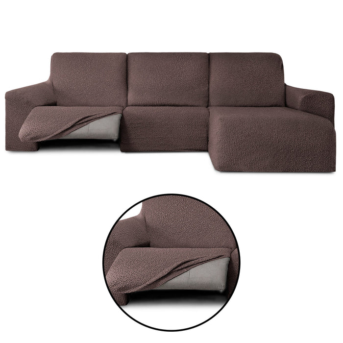 Funda Sofá para Chaise Longue Derecha Brazo Corto Relax Reclinable Bielástica Roc Marron detalles sin fondo - Eiffel Textile