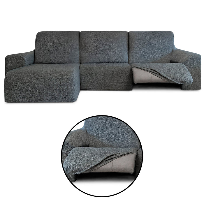 Funda Sofá para Chaise Longue Izquierda Brazo Corto Relax Reclinable Bielástica Roc Gris Oscuro detalles sin fondo - Eiffel Textile